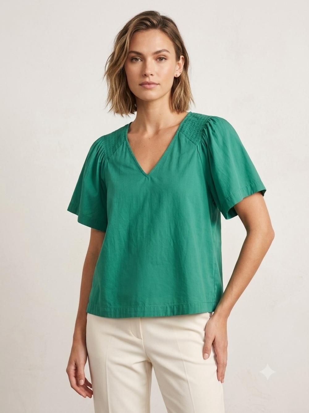 Evereve Smocked V-Neck Flutter Sleeve Blouse - Emerald Green